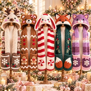 Può includere: Cinque sciarpe con cappuccio all'uncinetto con tasche, con temi animali e festivi: una renna con fiocchi di neve, un orso bruno con omini di pan di zenzero, un coniglio a righe rosse e bianche, una volpe con agrifoglio e un gatto viola.