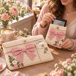 Könnte beinhalten: Eine cremefarbene Tablet-Hülle aus Häkelarbeit und eine passende kleinere E-Reader-Tasche, beide mit einer großen rosa Häkelschleife, einem Holzknopfverschluss und kleinen Blumenverzierungen. Die größere Hülle hat eine Seitentasche.