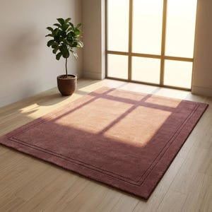 Dusty Rose Pink Rectangular Rug with Double Border, Solid Modern Area Rug, Contemporary Living Room Bedroom Office Carpet