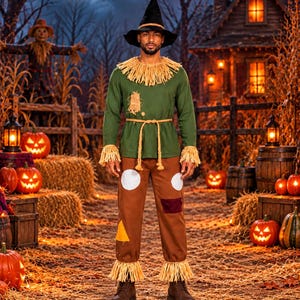 May include: A scarecrow costume featuring a dark green long-sleeve shirt with a straw-like collar and cuffs, a brown rope belt, and brown pants with white, yellow, and dark red patches. A black pointed hat completes the ensemble.
