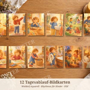 Daily Routine Picture Cards for Children (Printable) | 12 Waldorf Watercolor Routine Cards | Montessori Kindergarten PDF