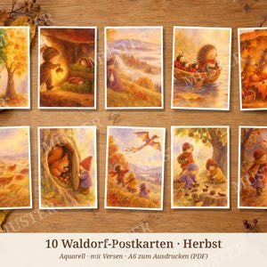 May include: A set of ten rectangular postcards featuring watercolor illustrations of autumn scenes with children, animals, and nature. The images depict forest creatures, seasonal landscapes, and whimsical characters. The text reads 10 Waldorf-Postkarten Herbst.