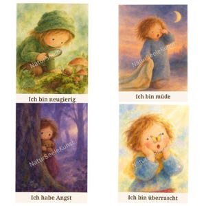 Puede incluir: Un conjunto de cuatro ilustraciones en acuarela que representan a un niño en varios estados: observando un caracol con una lupa, bostezando bajo una luna creciente, escondiéndose tras un árbol con un osito y reaccionando a una mariposa en su nariz.