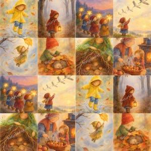 May include: A collage of sixteen watercolor illustrations depicting children and gnomes in various seasonal scenes, including figures in yellow raincoats, red hooded cloaks, and carrying lanterns, with motifs of autumn leaves, hedgehogs, and birds.