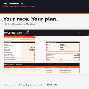 Könnte beinhalten: Ein interaktiver Excel-Laufplan mit dem Titel PACEANDPATH und dem Text Your race. Your plan. 10K / Half marathon / Marathon. Die Tabelle enthält Abschnitte für Ziele, Lauftage, Zieltempo und optionale Übungsrennen in den Farben Orange und Schwarz.