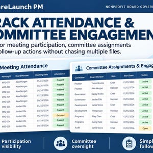 May include: A digital dashboard titled CareLaunch PM Nonprofit Board Governance Kit featuring two tables for tracking meeting attendance and committee engagement with columns for member names, dates, roles, and status indicators in blue and white.