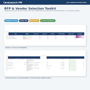 May include: CareLaunch PM RFP & Vendor Selection Toolkit featuring a digital spreadsheet interface. The display includes a vendor scoring table with columns for eligibility, proposal, demo, cost, risk, and overall scores, plus a formula-driven dashboard.