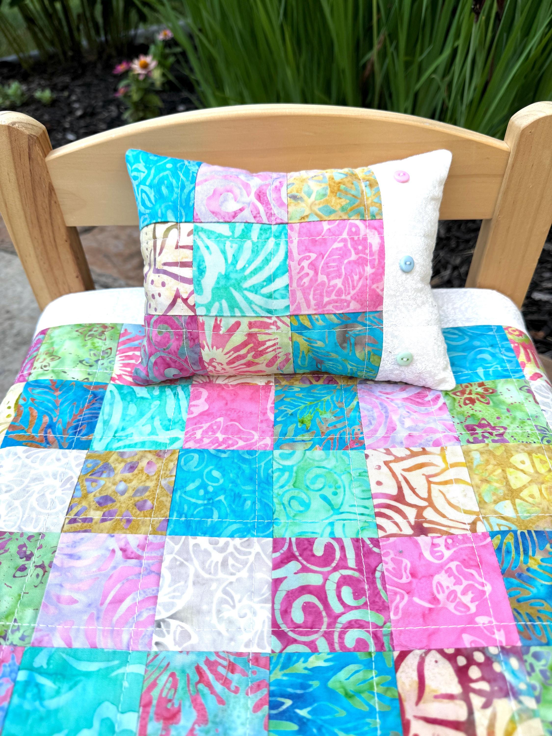 Doll quilt and pillow, or table topper, quilted patchwork pastel batik
