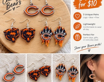 Orecchini ispirati ai Bears – Set da 3 paia – Orecchini pendenti arancioni e neri – Gioielli per il giorno della partita – Regalo per gli appassionati di calcio