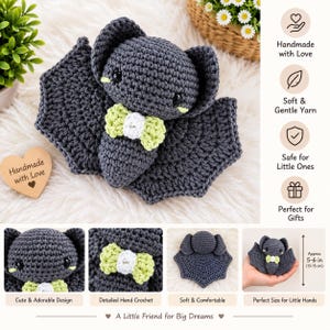 May include: A dark gray crocheted bat plush toy featuring large ears, black safety eyes, and a small light green and white bow tie. The toy is shown in multiple views, including a hand-held scale reference showing a size of 5-6 inches.