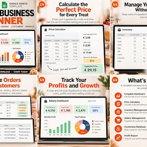 May include: A digital bakery business planner template for Google Sheets featuring six panels. It displays a dashboard, price calculator, inventory tracker, order and customer management logs, and a profit growth report with charts and tables.