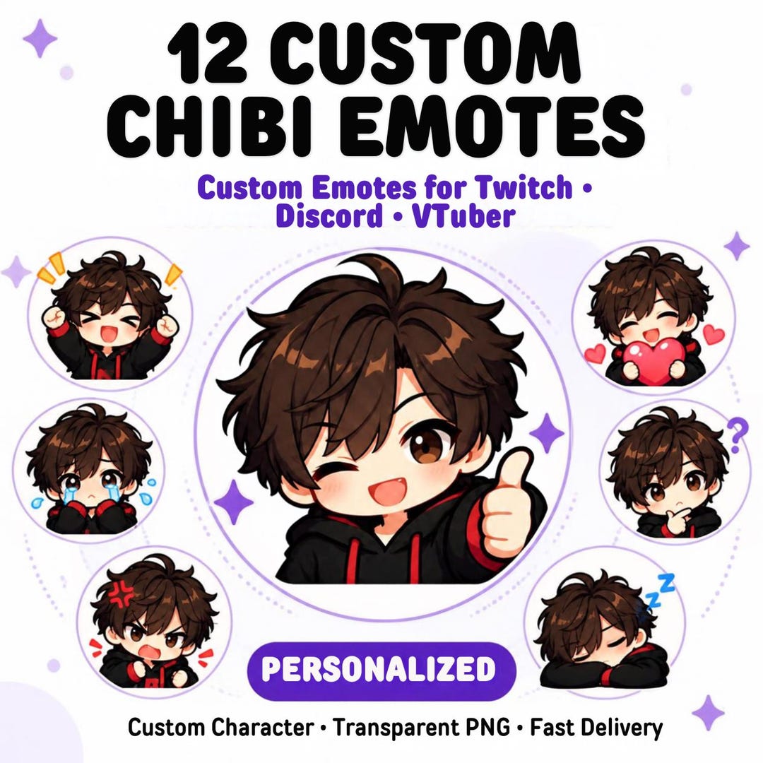 12 Custom Chibi Emotes for Twitch & Discord, Personalized Vtuber Emote ...