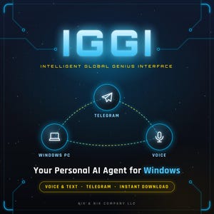 Può includere: Una grafica digitale per IGGI Intelligent Global Genius Interface, un agente IA personale per Windows. Presenta icone per Telegram, Windows PC e voce, con il testo Voice & Text, Telegram e Instant Download.