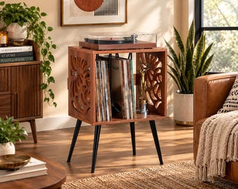 Mid-Century Record Player Stand with Vinyl Storage, Retro Turntable Cabinet (100+ LPs).
