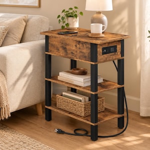 May include: A rectangular end table with a rustic brown wood-grain finish and a black metal frame. The table features a top surface with a built-in power outlet, two lower open shelves, and a black power cord extending from the base to the floor.