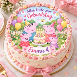 Könnte beinhalten: Ein runder Kuchen mit weißer Glasur, verziert mit rosa Spritzdekor, kleinen Zuckerblumen und einer rosa Schleife am Boden. Die Oberseite zeigt ein essbares Bild der Peppa Wutz-Figuren, Luftballons, eine Torte sowie den Text Alles Gute zum Geburtstag und Emma 4.