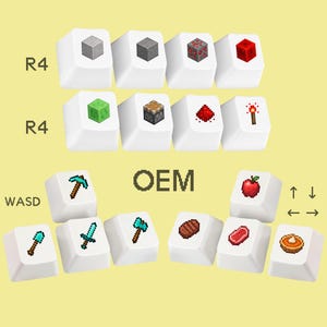 Op de afbeelding: Een set witte mechanische toetsenbordtoetsen met pixelachtige iconen uit een videogame. De toetsen tonen diverse items, waaronder blokken, gereedschap, voedsel en redstone-componenten. De tekst R4, OEM en WASD staat naast de toetsen afgebeeld.