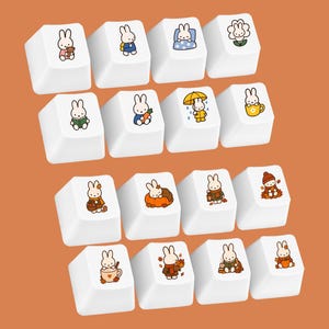 May include: A set of sixteen white mechanical keyboard keycaps, each featuring a unique, colorful illustration of a cartoon rabbit in various activities, including reading, holding a carrot, using an umbrella, and sitting in autumn-themed settings.