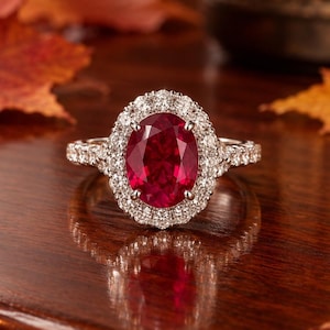 Puede incluir: Un anillo de tono plateado con una gran piedra preciosa de color rojo intenso y corte ovalado en el centro, rodeada por un halo de pequeñas piedras claras de corte redondo. El aro también tiene pequeñas piedras claras en los laterales.