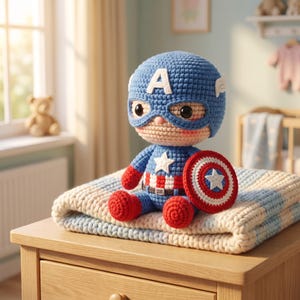 May include: A crocheted doll styled as Captain America with a blue mask featuring a white letter A, a blue and red suit with a white star on the chest, and a round red, white, and blue shield. The doll has large black eyes and sits on a folded blanket.