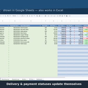 May include: A digital PO Log spreadsheet template displayed in Google Sheets, featuring columns for PO number, date, vendor, item description, quantities, pricing, and colour-coded delivery and payment status fields for tracking business orders.