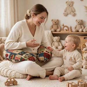May include: A crescent-shaped nursing pillow featuring a patchwork pattern of red, blue, and green squares with floral and house motifs. The pillow is constructed from fabric with a visible texture and is designed to provide support during feeding.
