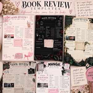 Può includere: Una raccolta di cinque modelli di recensioni di libri con temi diversi, inclusi design rosa, neri e botanici. Ogni modello include campi per titolo, autore, genere, valutazione, umore, personaggi preferiti, citazioni e livello di piccantezza.