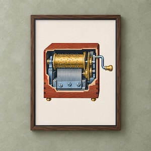 May include: A framed print featuring a detailed illustration of a music box with a wooden exterior. The internal mechanism is visible, showcasing a gold-colored pinned cylinder, a silver-toned comb, brass gears, and a hand crank on the right side.