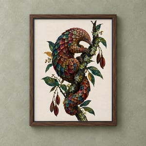 May include: A framed wall art print featuring a pangolin with iridescent, multi-colored scales climbing a textured tree branch. The branch is adorned with green leaves and small, dark brown seed pods against a cream-colored background.