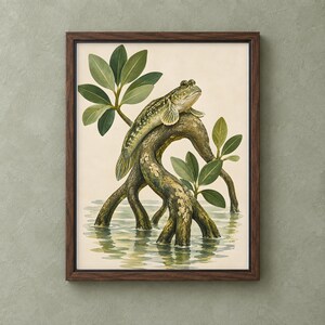 May include: A framed wall art print featuring a detailed illustration of a mudskipper fish resting on the exposed, gnarled roots of a mangrove tree. The scene includes green leaves and calm water, all enclosed within a dark brown wooden frame.