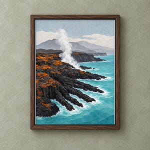 May include: A framed wall art print depicting a rugged coastline with dark volcanic rock formations, patches of bright orange vegetation, and a plume of white steam rising into a pale sky above turquoise ocean waters crashing against the shore.