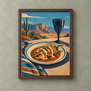Peut inclure: Une impression d'art encadrée représentant un piment poblano farci dans une sauce rouge avec un filet de crème blanche sur une assiette, à côté d'un gobelet bleu foncé. Le fond montre un paysage désertique avec des montagnes.