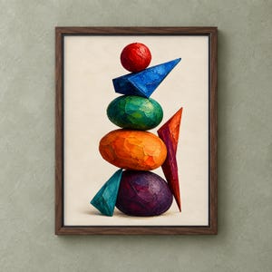 Könnte beinhalten: Ein gerahmter Wandkunstdruck mit einem vertikalen Stapel bunter geometrischer Formen, darunter eine rote Kugel, ein blaues dreieckiges Prisma, ein grünes Oval, ein oranges Oval, ein violettes Oval, ein türkises Dreieck und ein hohes oranges Prisma.