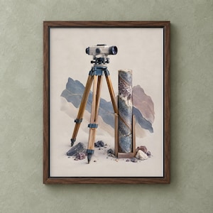 Op de afbeelding: Een ingelijste kunstdruk met een landmeetkundig instrument op een houten statief, geplaatst naast een cilindrisch geologisch kernmonster in een houten standaard, omringd door kleine verspreide stenen tegen een achtergrond van bergen.