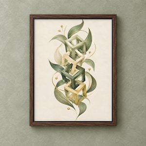 May include: A framed wall art print featuring a vertical stack of four interconnected geometric cube frames in shades of sage green and cream, surrounded by flowing green botanical leaves and thin gold stems with small round gold accents.