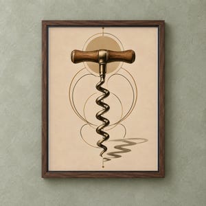 May include: A framed wall art print featuring a centered illustration of a corkscrew with a wooden handle and a metallic spiral worm. The background is a light beige paper texture with thin, dark brown geometric line art and a circular motif.