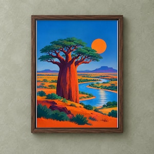 May include: A framed wall art print depicting a large baobab tree in a vibrant orange landscape with a winding blue river, distant mountains, and a bright orange sun set against a clear blue sky, all enclosed in a dark brown wooden frame.