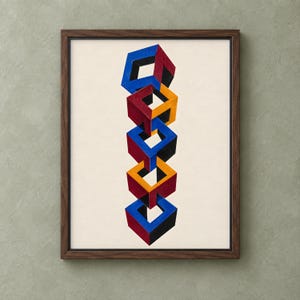 May include: A framed wall art print featuring a vertical chain of interconnected geometric cubes. The cubes are rendered in solid blocks of blue, red, and yellow, creating an optical illusion of depth against a plain off-white background.