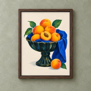 May include: A framed art print featuring a dark green pedestal bowl filled with orange peaches and green leaves, draped with a vibrant blue cloth. One peach is sliced open to reveal the pit, and another peach rests below the bowl.