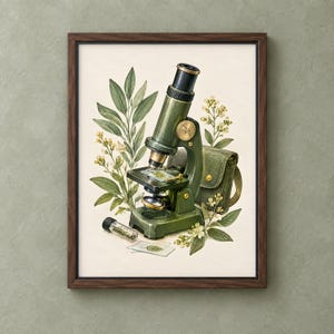 Może przedstawiać: Oprawiony wydruk artystyczny przedstawiający ciemnozielony mikroskop w stylu vintage w otoczeniu botanicznych ilustracji zielonych liści i małych żółtych kwiatów, małej zielonej skórzanej torby, szklanej fiolki oraz dwóch szkiełek.