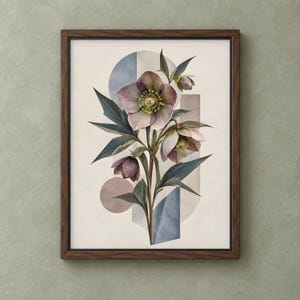 May include: A framed wall art print featuring a botanical illustration of hellebore flowers in shades of purple and green, layered over geometric shapes including circles and rectangles in muted blue, pink, and cream tones within a dark wood frame.