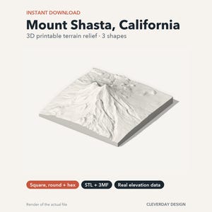 Puede incluir: Un modelo de relieve de terreno imprimible en 3D de color blanco del Monte Shasta, California. El texto dice: Instant Download, Mount Shasta, California, 3D printable terrain relief, 3 shapes, Square, round + hex, STL + 3MF, Real elevation data, Render of the actual file, CLEVERDAY DESIGN.