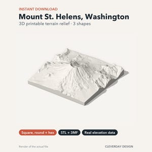 May include: A white 3D printable terrain relief model of Mount St. Helens, Washington. The text reads: Instant Download, Mount St. Helens, Washington, 3D printable terrain relief, 3 shapes, Square, round + hex, STL + 3MF, Real elevation data, Render of the actual file, CLEVERDAY DESIGN.
