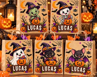 May include: Five brown paper gift bags featuring Halloween illustrations of a zombie, skeleton, ghost, cat, and bat, each wearing a witch hat and holding a pumpkin. Each bag displays the name LUCAS on a wooden sign and includes orange and black tissue paper.