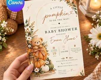 Little Pumpkin Baby Shower Invitation | Editable Canva Template | Fall Baby Shower Invite | Watercolor Pumpkin