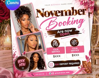 May include: A digital flyer template featuring the text November Booking Are now open, with three photographs of individuals with different hairstyles, two service boxes with placeholders, a book now circle, and a $20 deposit required notice.