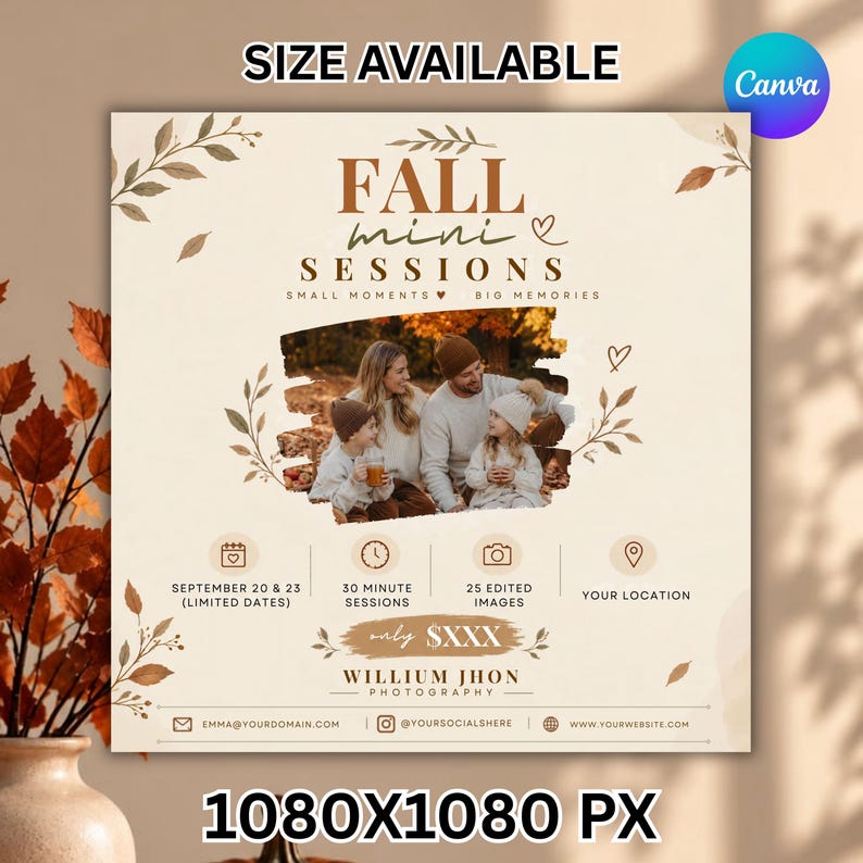 Fall Mini Session Template,Editable Photography Marketing Flyer,Autumn Photo Session,Digital Download,DIY Text