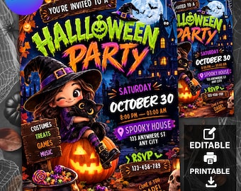 May include: A Halloween party invitation flyer featuring a cartoon character in a witch hat holding a black cat while sitting on a large jack-o'-lantern. The design includes text details for October 30, Spooky House, and RSVP information.