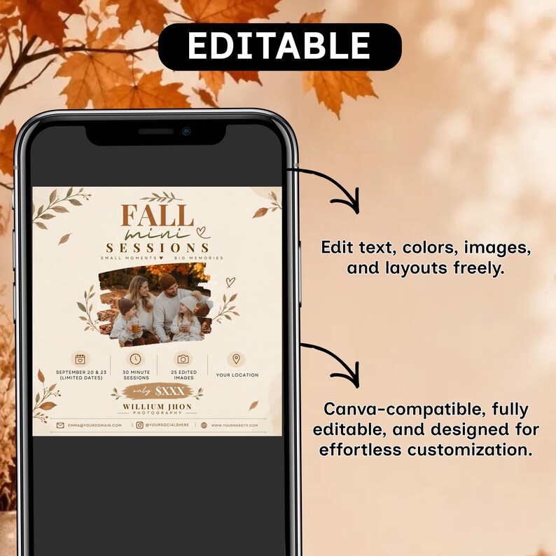Fall Mini Session Template,Editable Photography Marketing Flyer,Autumn Photo Session,Digital Download,DIY Text