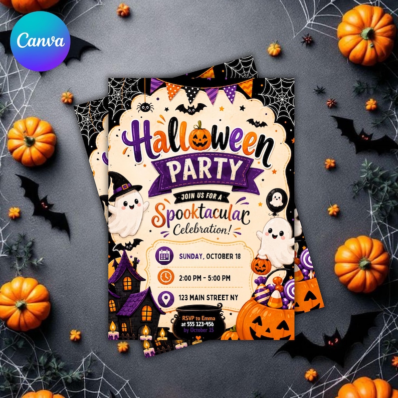 Halloween Party Invitation | Trick or Treat Halloween Invite | Ghost Pumpkin Party | Editable Canva Invitation | DIY Halloween Template
